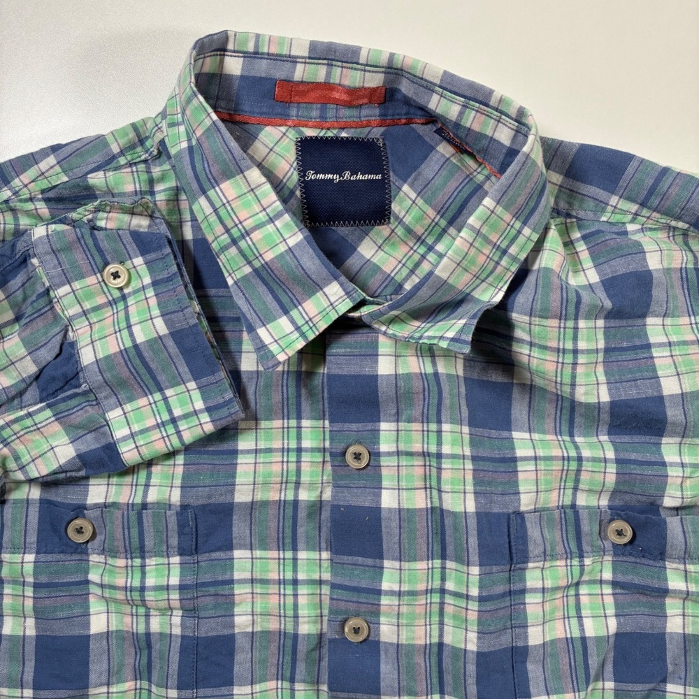 Tommy Bahama Linen Blend Shirt 3XL Blue Green Plaid Long Sleeve Button‎